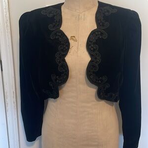 Vintage Velvet Bolero Jacket with Floral Scrolled Appliqué Trim Small